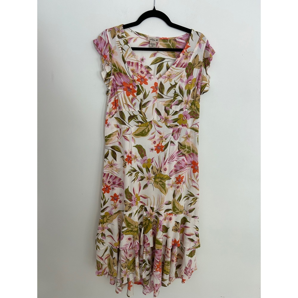 Lola P. Floral Rayon Midi Dress V-Neck Flutter Sleeve Tiered Ruffle Hem Large